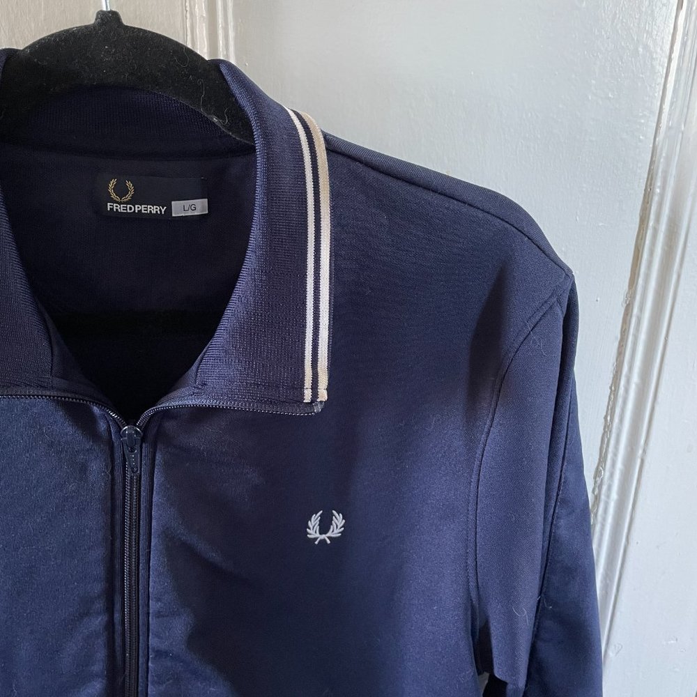 Fred Perry Dark Blue Bomber Jacket with White Accents - Picture 2 of 6
